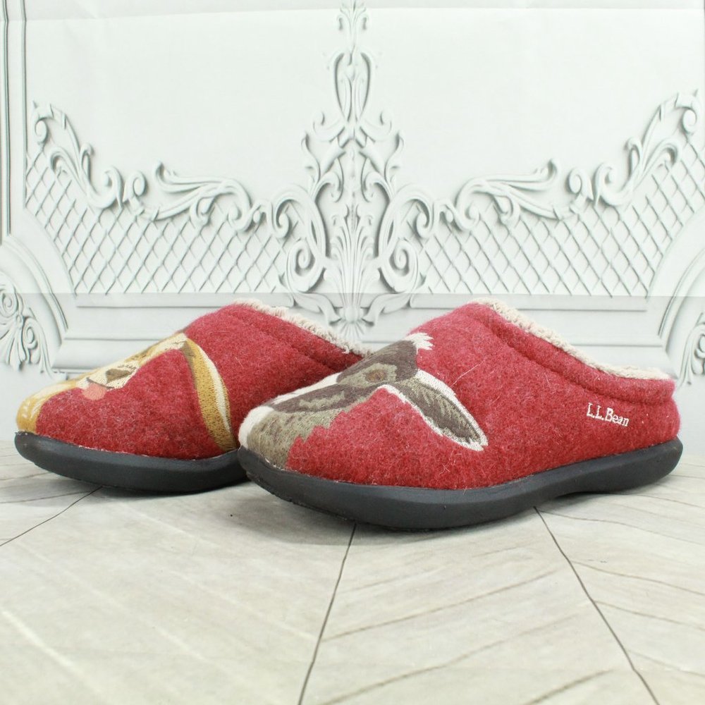 LL Bean Red Wool Daybreak Goat Motif Fleece Scuffs Slippers Size 7 Medium - Picture 3 of 8